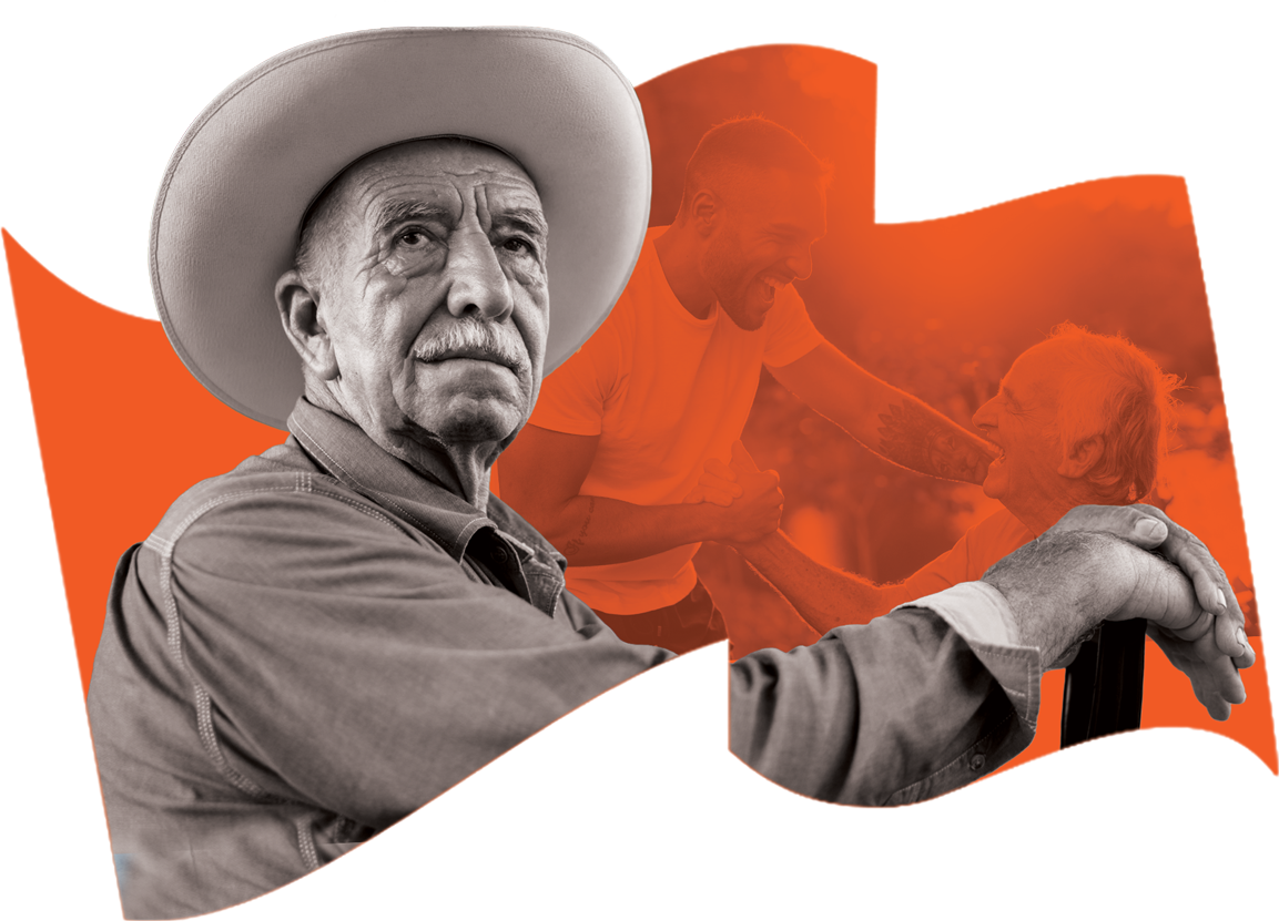 Elderly man in a cowboy hat looks resolutely ahead, with a faded orange-toned background.